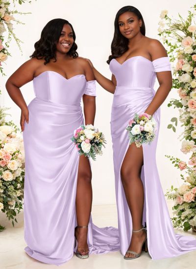 Sheath/Column One-Shoulder Silk Like Satin Bridesmaid Dresses With Split Front