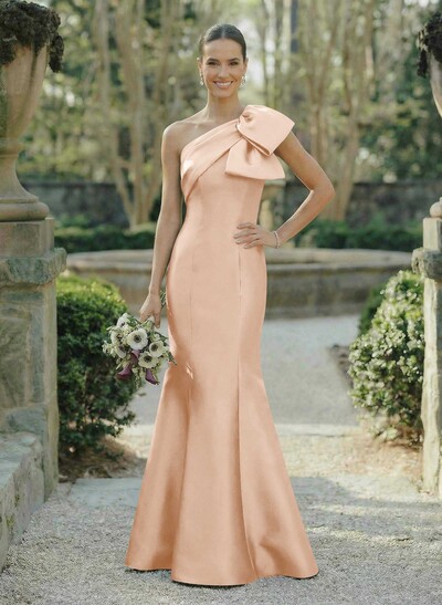 Trumpet/Mermaid One-Shoulder Sleeveless Satin Bridesmaid Dresses With Bow(s)