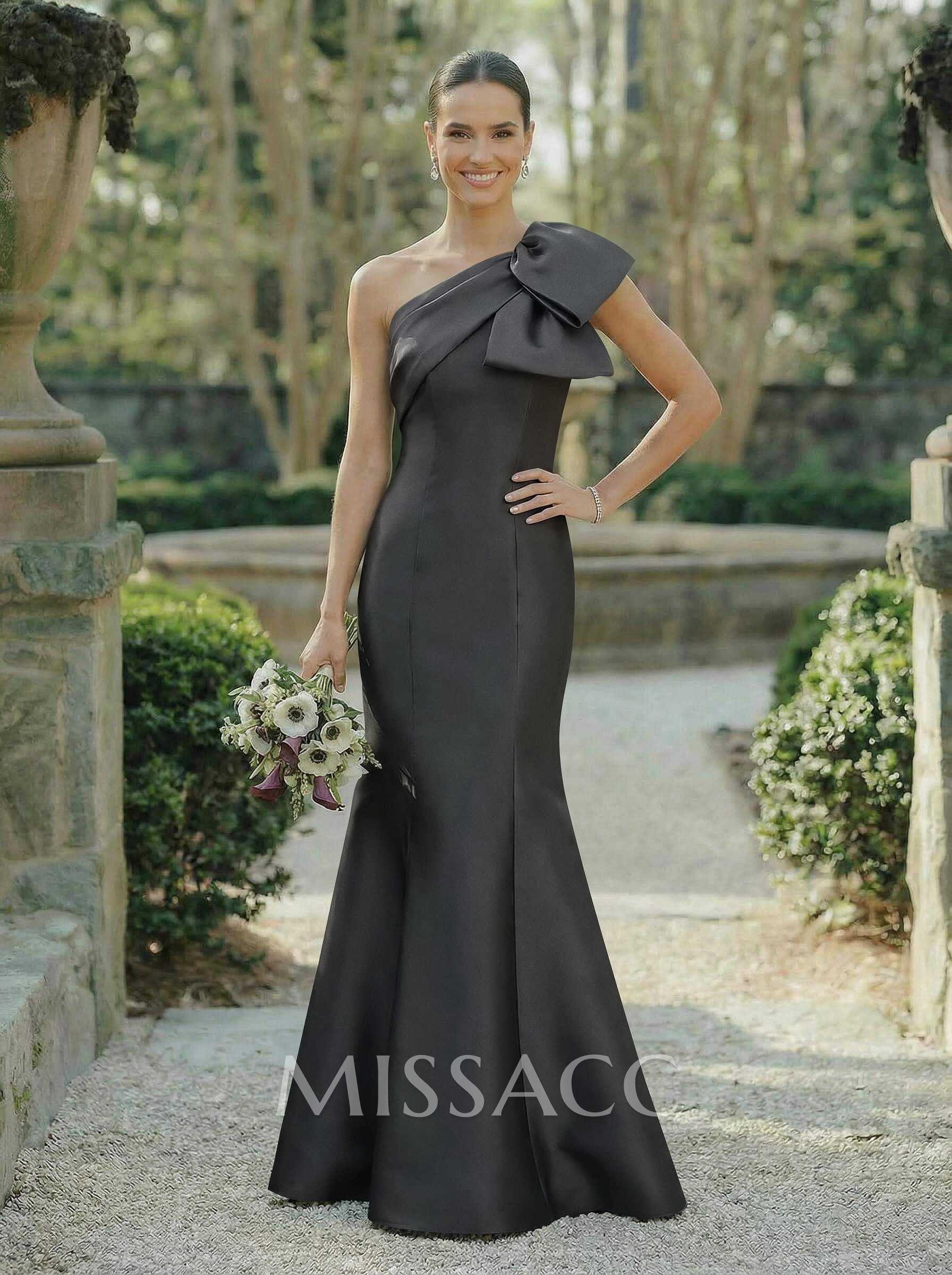 Trumpet/Mermaid One-Shoulder Sleeveless Satin Bridesmaid Dresses With Bow(s) Trumpet/Mermaid One-Shoulder Sleeveless Satin Bridesmaid Dresses With Bow(s)