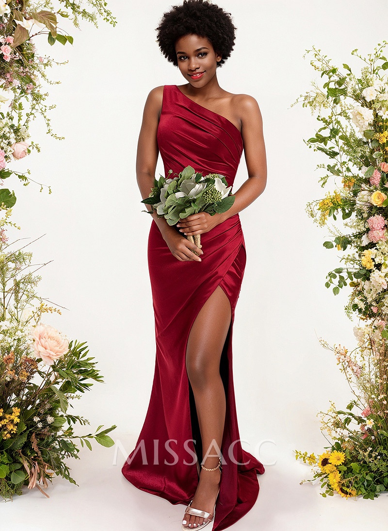 Sheath/Column One-Shoulder Silk Like Satin Bridesmaid Dresses With Split Front Sheath/Column One-Shoulder Silk Like Satin Bridesmaid Dresses With Split Front