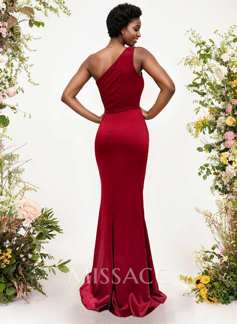 Sheath/Column One-Shoulder Silk Like Satin Bridesmaid Dresses With Split Front Sheath/Column One-Shoulder Silk Like Satin Bridesmaid Dresses With Split Front