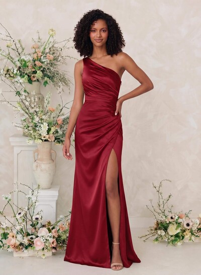 Sheath/Column One-Shoulder Silk Like Satin Bridesmaid Dresses With Split Front