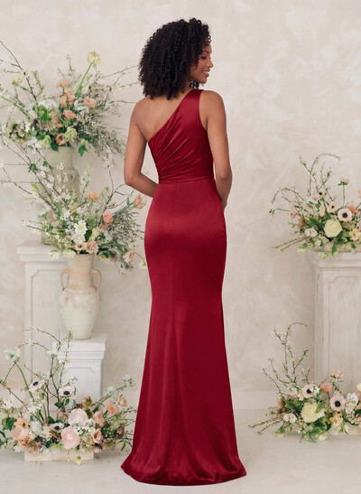 Sheath/Column One-Shoulder Silk Like Satin Bridesmaid Dresses With Split Front