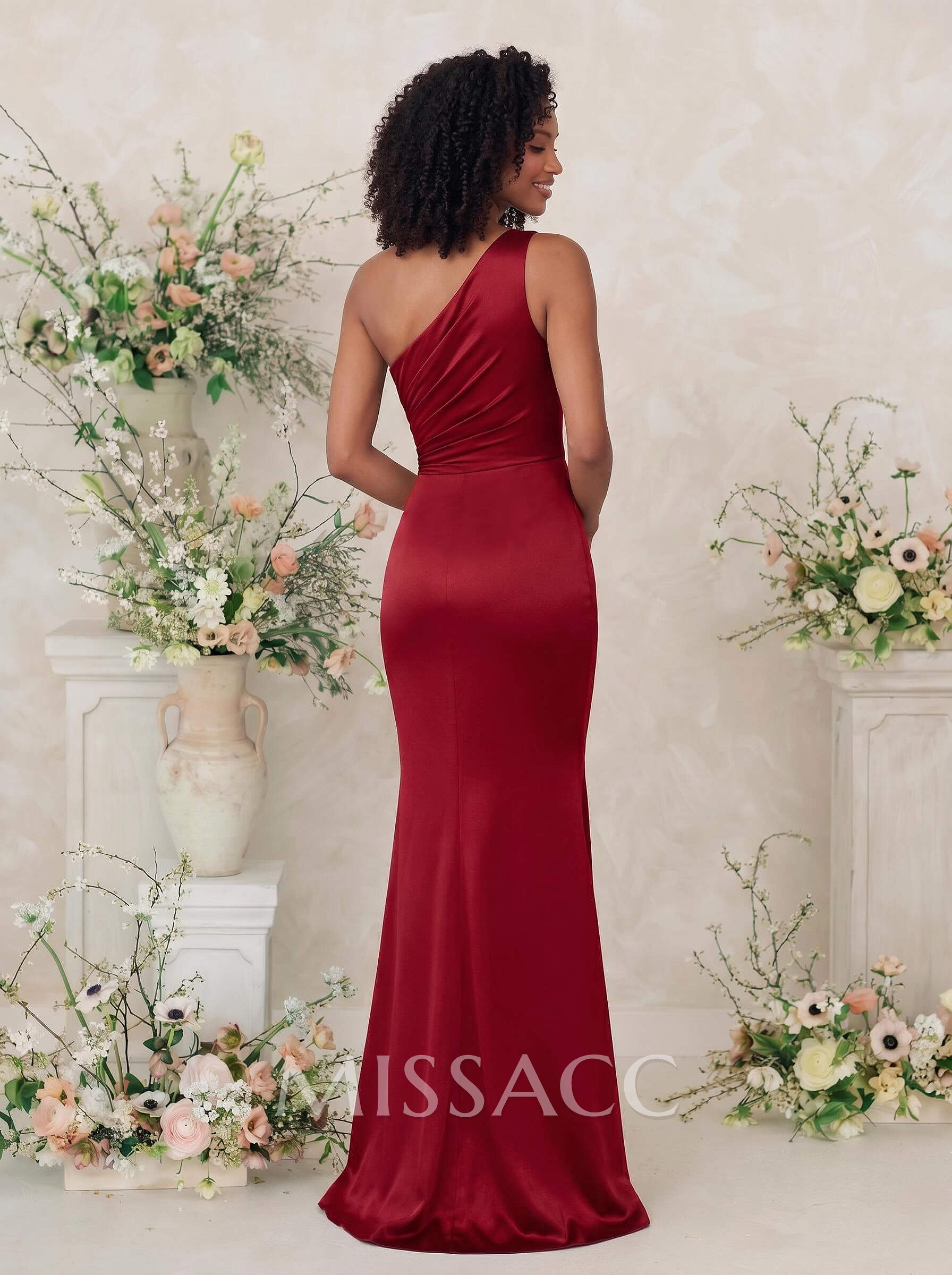 Sheath/Column One-Shoulder Silk Like Satin Bridesmaid Dresses With Split Front Sheath/Column One-Shoulder Silk Like Satin Bridesmaid Dresses With Split Front