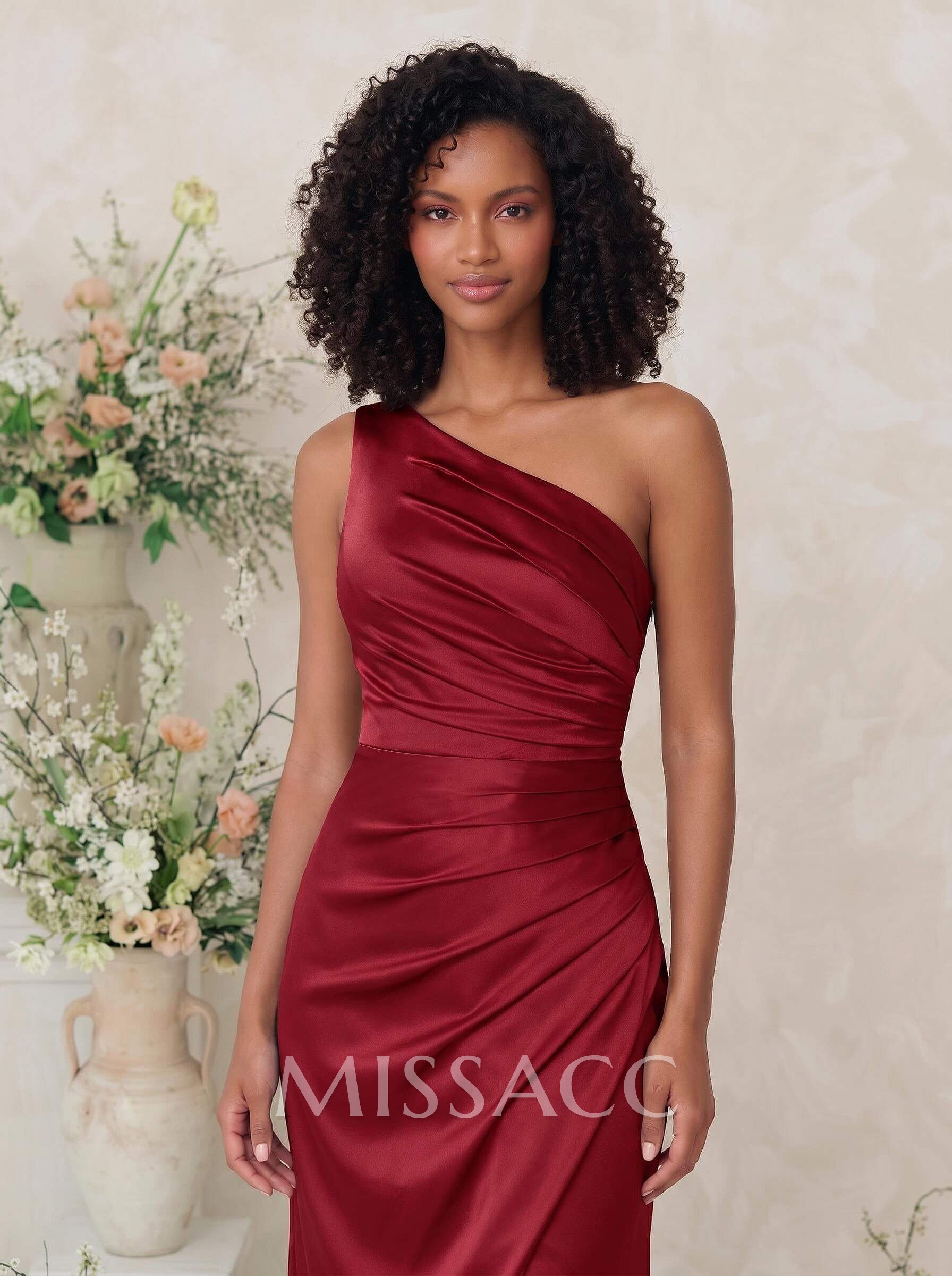 Sheath/Column One-Shoulder Silk Like Satin Bridesmaid Dresses With Split Front Sheath/Column One-Shoulder Silk Like Satin Bridesmaid Dresses With Split Front