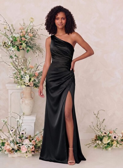 Column One-Shoulder Silky Satin Bridesmaid Dresses With Front Slit