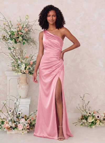 Sheath One-Shoulder Silky Satin Bridesmaid Dresses With Front Split