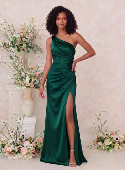 Sheath/Column One-Shoulder Silk Like Satin Bridesmaid Dresses With Split Front