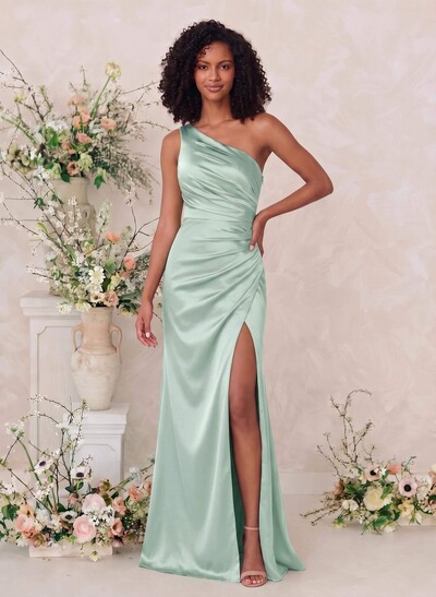 Sheath/Column One-Shoulder Silk Like Satin Bridesmaid Dresses With Split Front