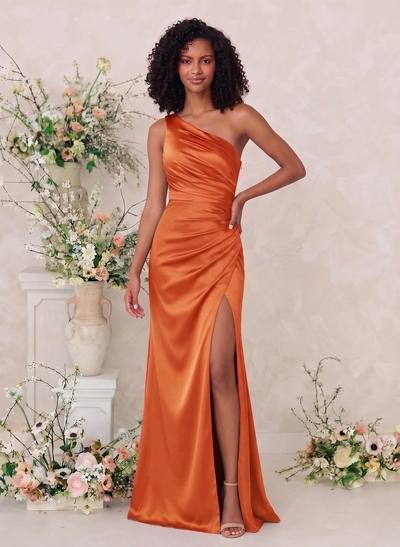 Sheath One-Shoulder Silk-Like Satin Bridesmaid Dresses With Front Slit