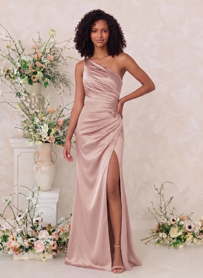 Sheath/Column One-Shoulder Silk Like Satin Bridesmaid Dresses With Split Front
