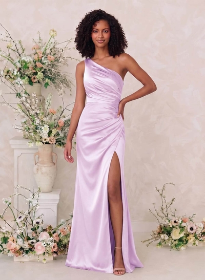 Sheath/Column One-Shoulder Silk Like Satin Bridesmaid Dresses With Split Front