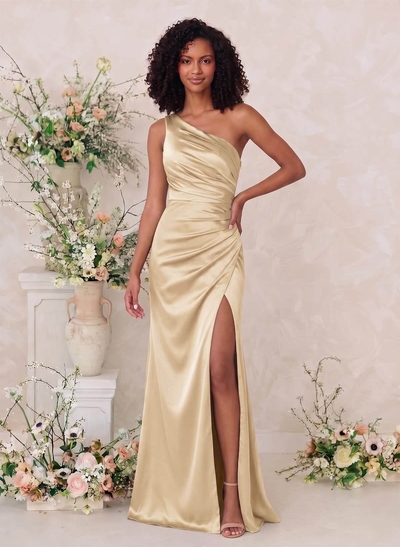 Sheath/Column One-Shoulder Silk Like Satin Bridesmaid Dresses With Split Front