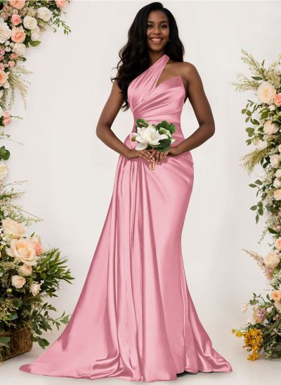 Sheath/Column One-Shoulder Silk Like Satin Bridesmaid Dresses With Ruffle