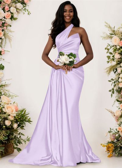 Sheath/Column One-Shoulder Silk Like Satin Bridesmaid Dresses With Ruffle