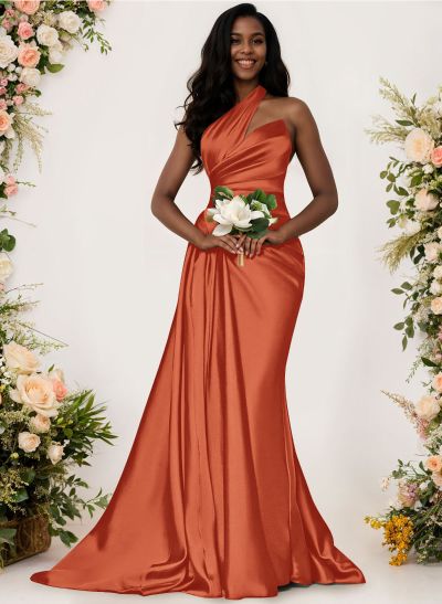 Sheath/Column One-Shoulder Silk Like Satin Bridesmaid Dresses With Ruffle