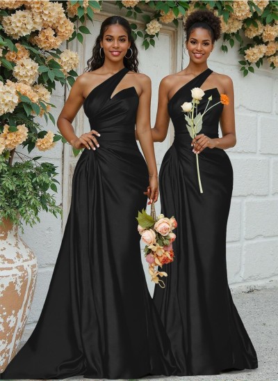 Sheath/Column One-Shoulder Silk Like Satin Bridesmaid Dresses With Ruffle