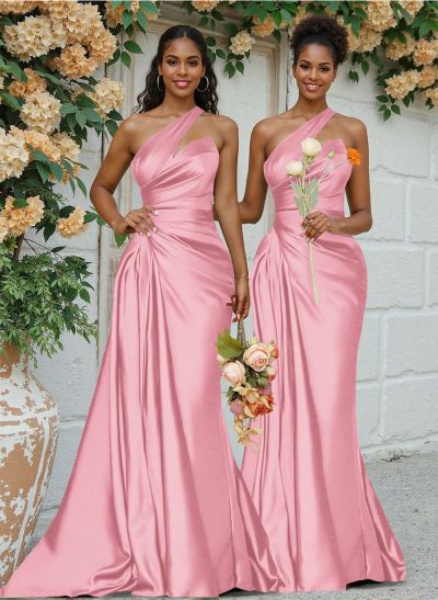 Sheath/Column One-Shoulder Silk Like Satin Bridesmaid Dresses With Ruffle