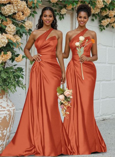 Sheath/Column One-Shoulder Silk Like Satin Bridesmaid Dresses With Ruffle