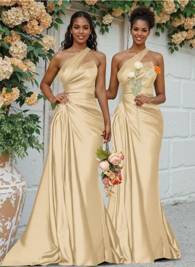 Sheath/Column One-Shoulder Silk Like Satin Bridesmaid Dresses With Ruffle