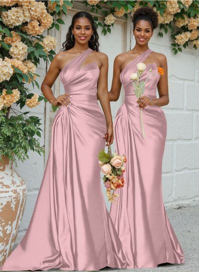 Sheath/Column One-Shoulder Silk Like Satin Bridesmaid Dresses With Ruffle