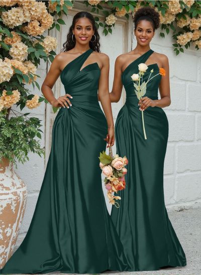 Sheath/Column One-Shoulder Silk Like Satin Bridesmaid Dresses With Ruffle