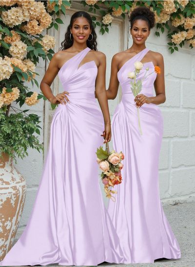 Sheath/Column One-Shoulder Silk Like Satin Bridesmaid Dresses With Ruffle