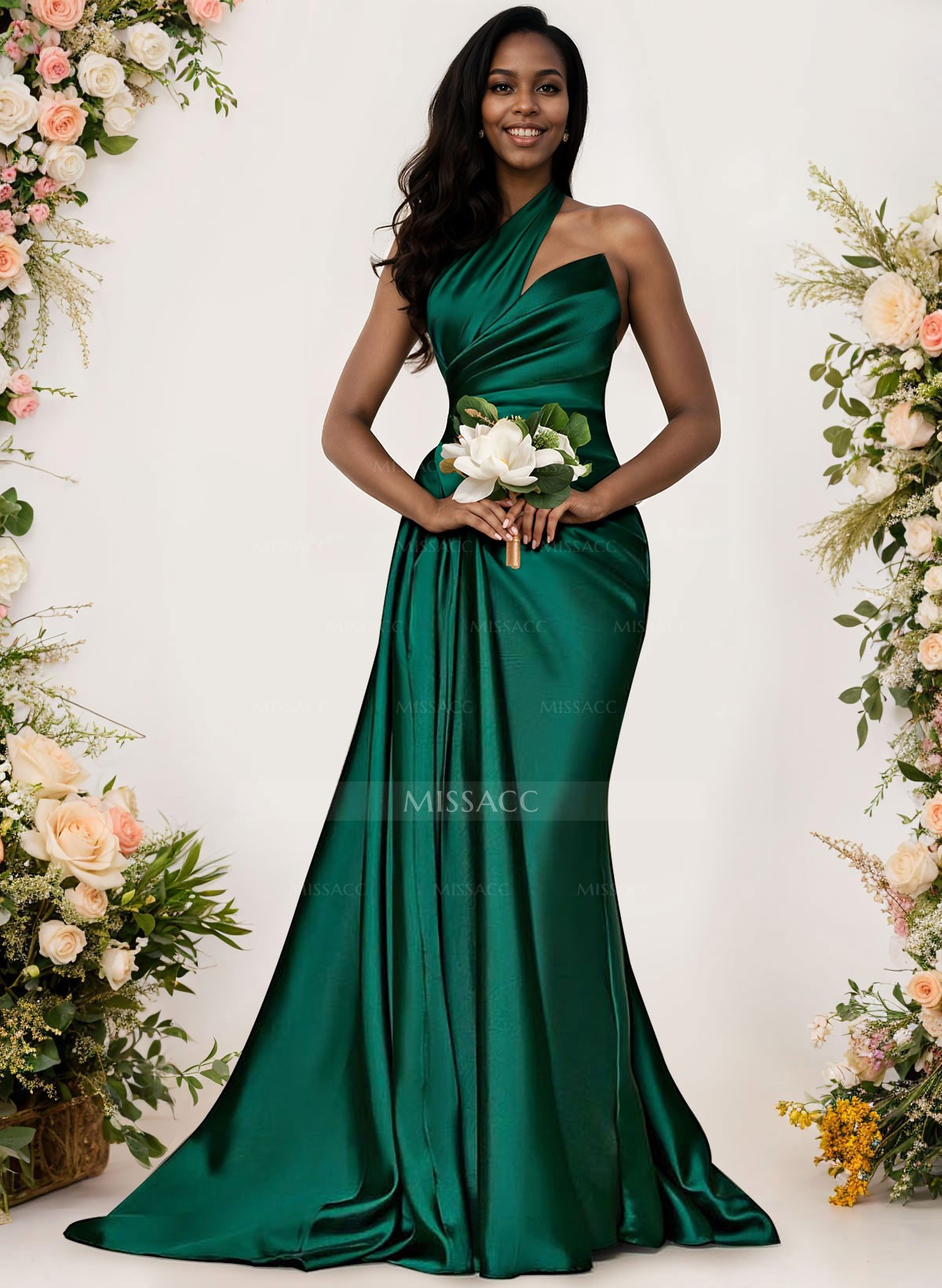 Sheath/Column One-Shoulder Silk Like Satin Bridesmaid Dresses With Ruffle