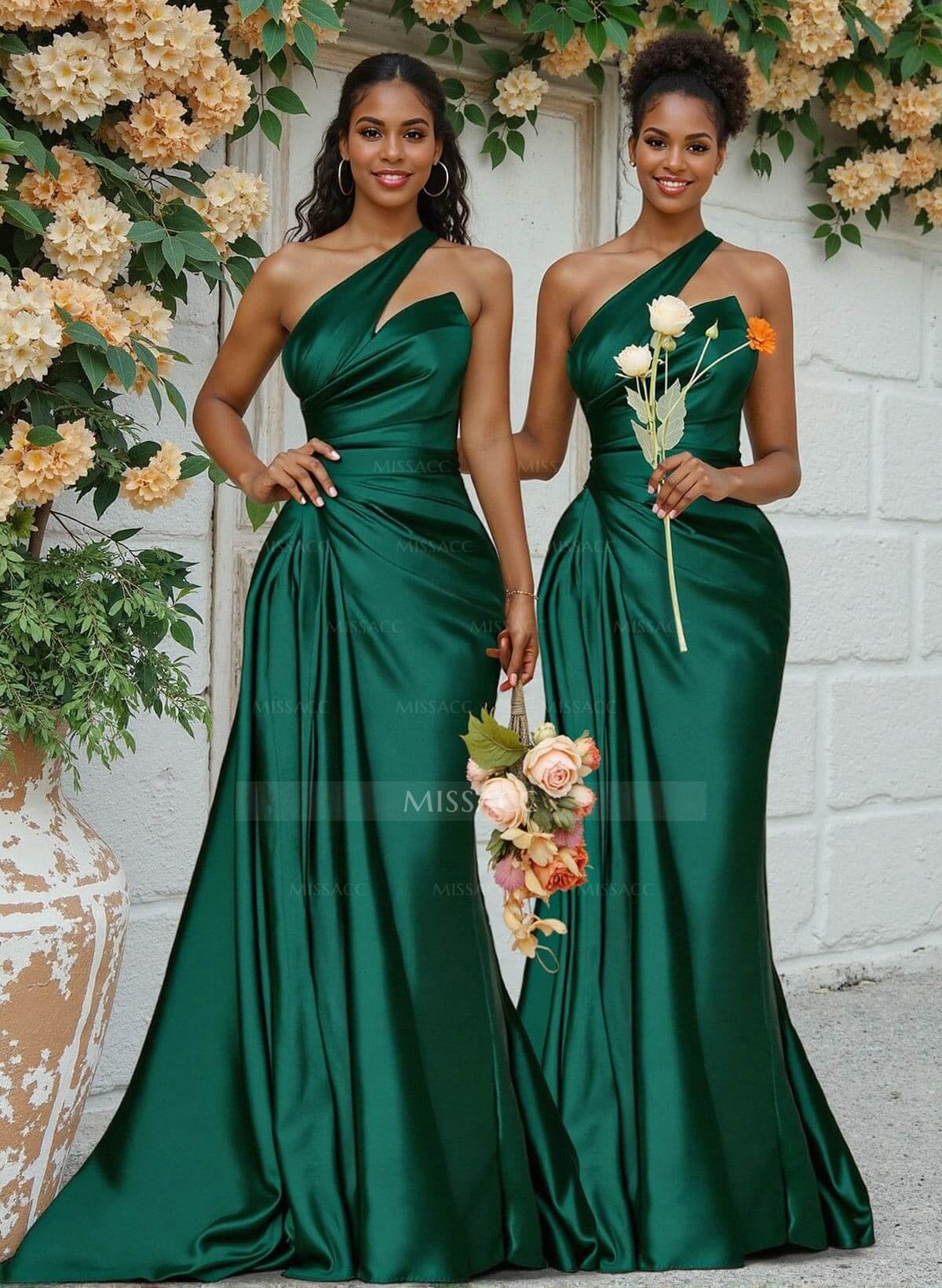 Sheath/Column One-Shoulder Silk Like Satin Bridesmaid Dresses With Ruffle