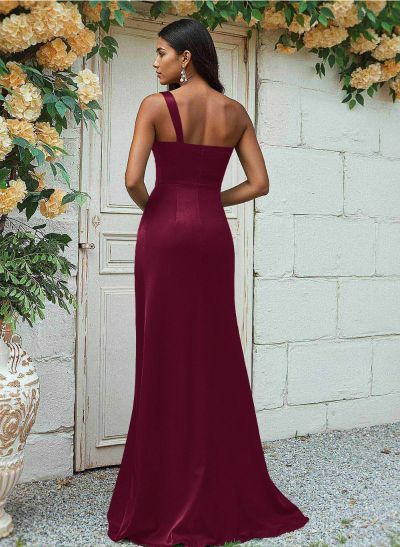 Sheath/Column One-Shoulder Silk Like Satin Bridesmaid Dresses With Ruffle Sheath/Column One-Shoulder Silk Like Satin Bridesmaid Dresses With Ruffle