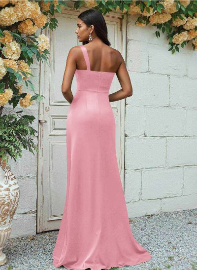 Sheath/Column One-Shoulder Silk Like Satin Bridesmaid Dresses With Ruffle