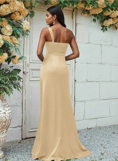 Sheath/Column One-Shoulder Silk Like Satin Bridesmaid Dresses With Ruffle