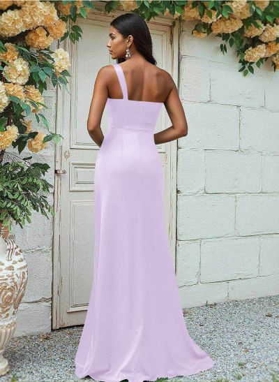 Sheath/Column One-Shoulder Silk Like Satin Bridesmaid Dresses With Ruffle