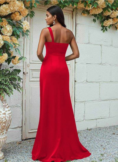Sheath/Column One-Shoulder Silk Like Satin Bridesmaid Dresses With Ruffle