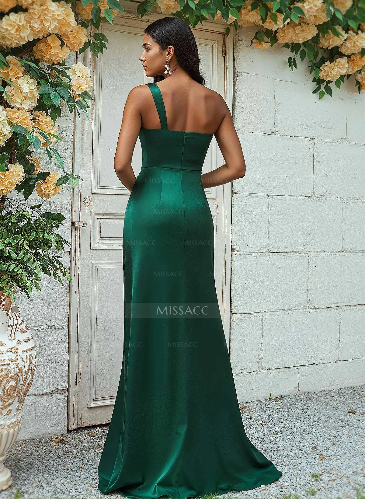 Missacc Emerald Bridesmaid Sheath/Column One-Shoulder Silk Like Satin Bridesmaid Dresses with Ruffle