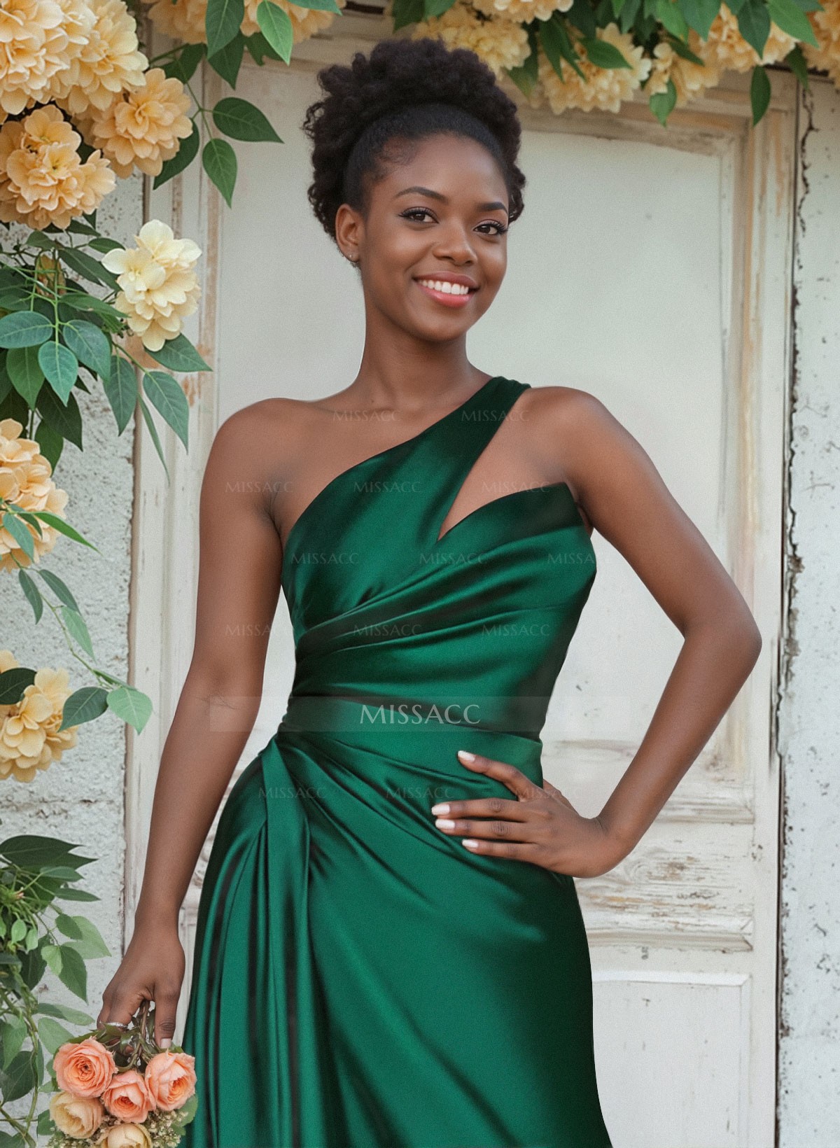 Sheath/Column One-Shoulder Silk Like Satin Bridesmaid Dresses With Ruffle
