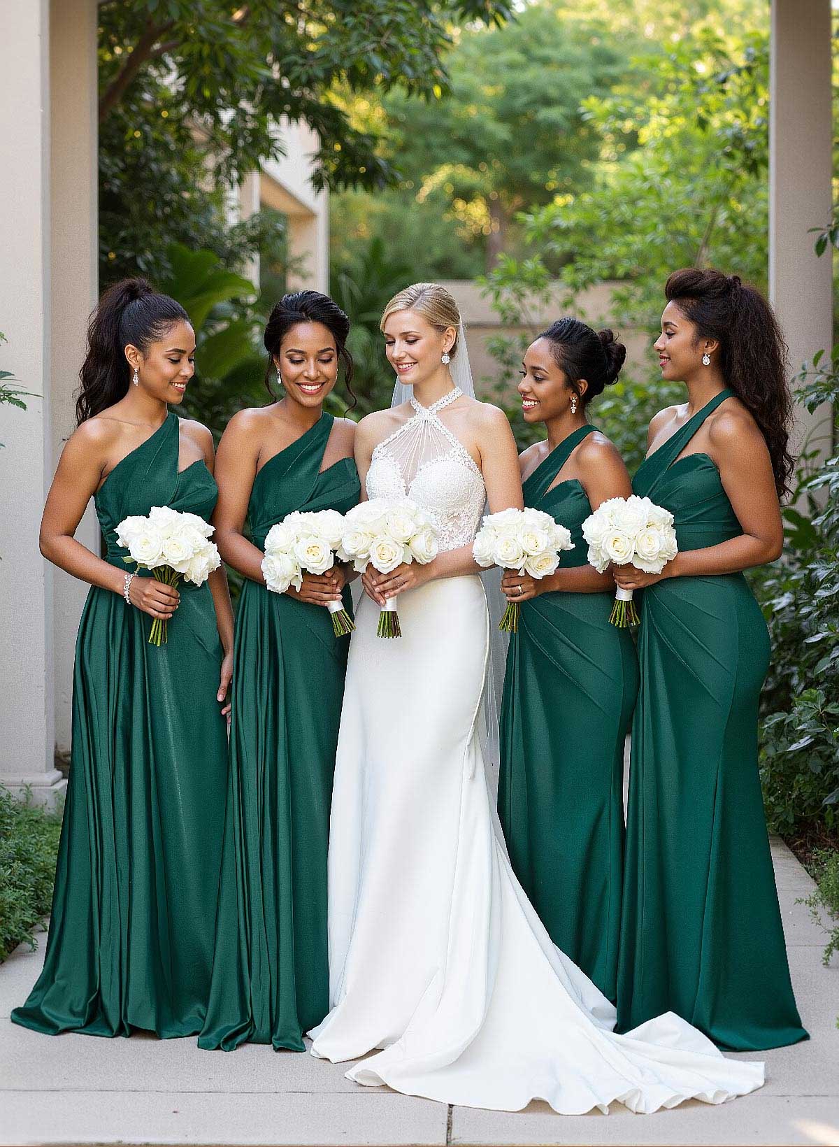 Sheath/Column One-Shoulder Silk Like Satin Bridesmaid Dresses With Ruffle