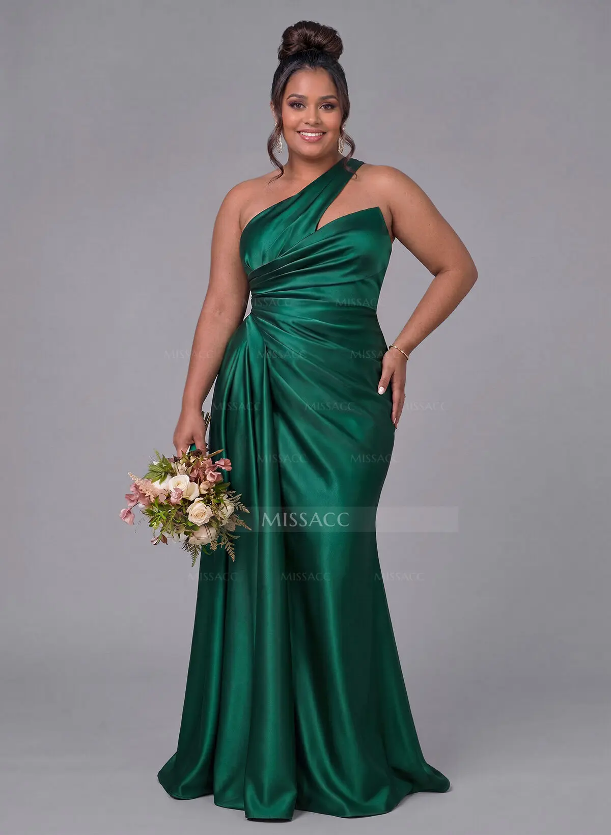 Sheath/Column One-Shoulder Silk Like Satin Bridesmaid Dresses With Ruffle -  Missacc