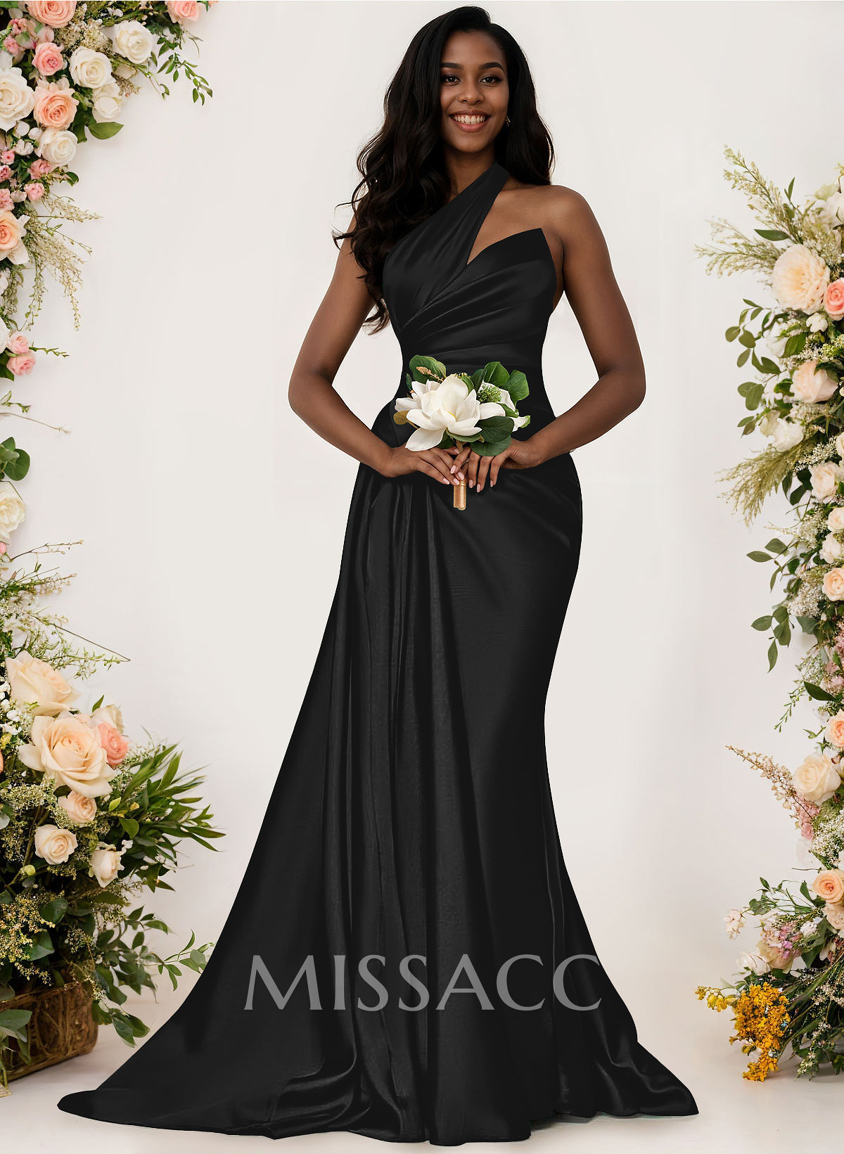 Sheath/Column One-Shoulder Silk Like Satin Bridesmaid Dresses With Ruffle