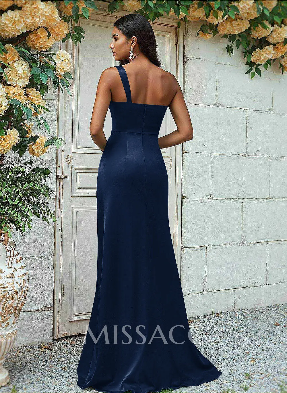 Missacc Ink Blue Bridesmaid Sheath/Column One-Shoulder Silk Like Satin Bridesmaid Dresses With Ruffle