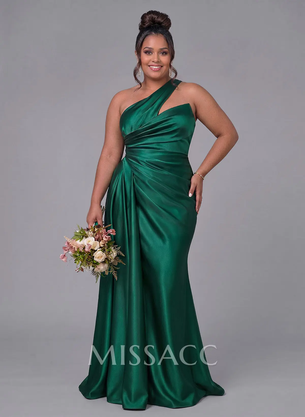 Sheath/Column One-Shoulder Silk Like Satin Bridesmaid Dresses With Ruffle -  Missacc