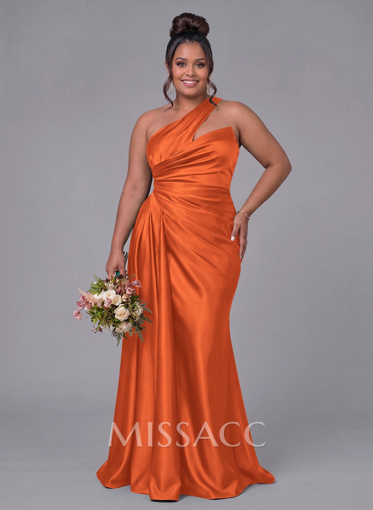 Sheath/Column One-Shoulder Silk Like Satin Bridesmaid Dresses With Ruffle