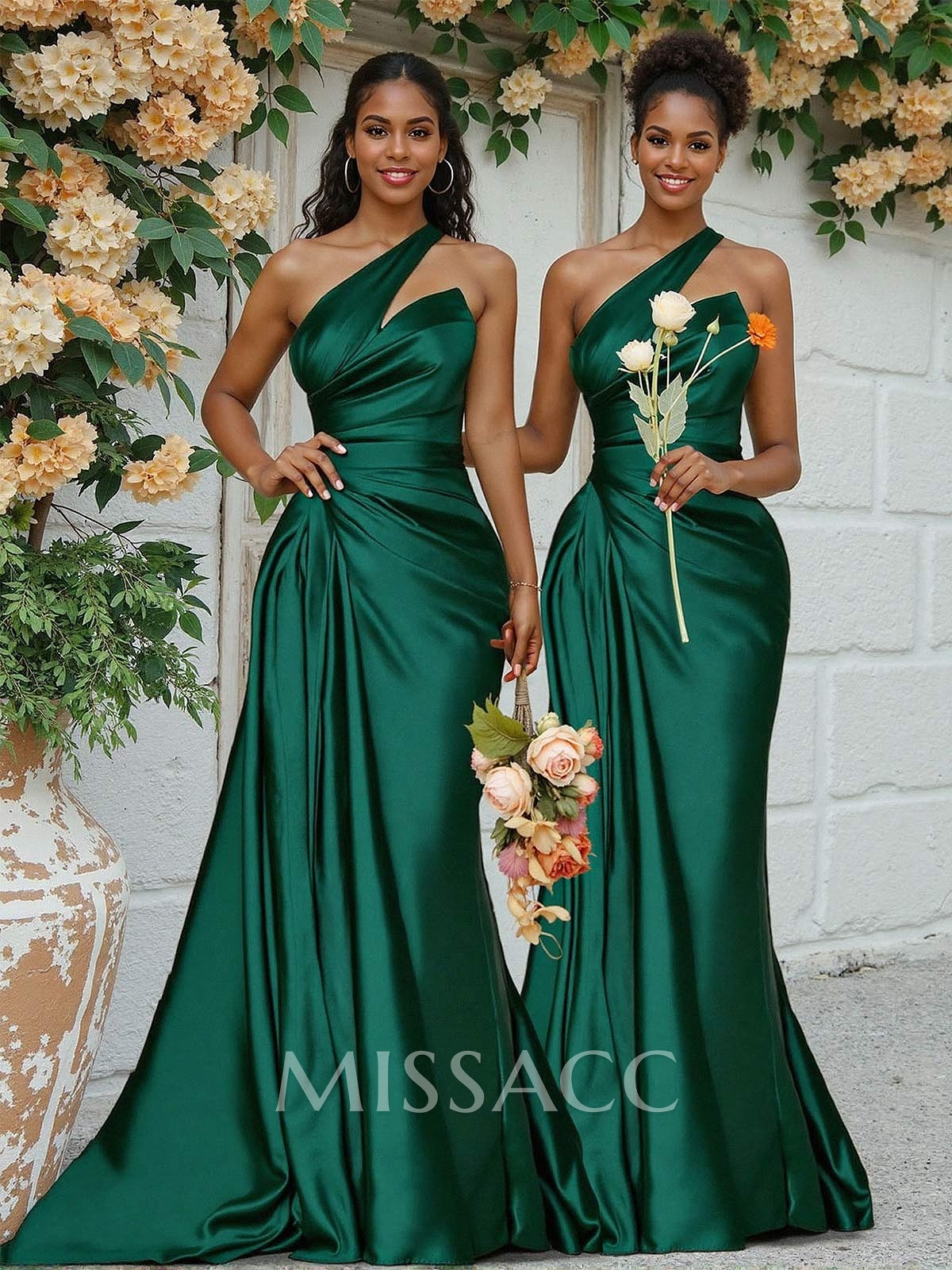 Sheath/Column One-Shoulder Silk Like Satin Bridesmaid Dresses With Ruffle Sheath/Column One-Shoulder Silk Like Satin Bridesmaid Dresses With Ruffle