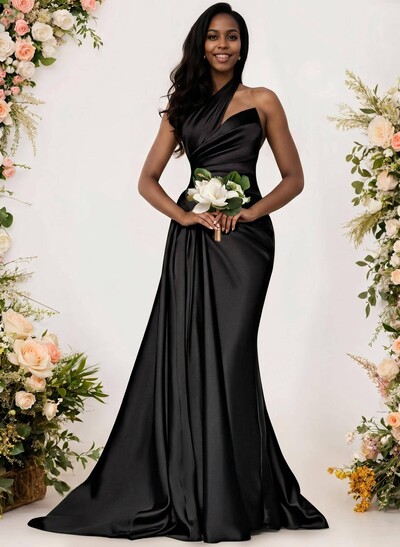 Sheath/Column One-Shoulder Silk Like Satin Bridesmaid Dresses With Ruffle