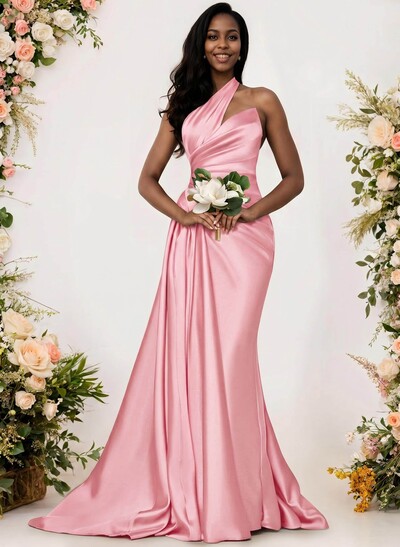Sheath/Column One-Shoulder Silk Like Satin Bridesmaid Dresses With Ruffle