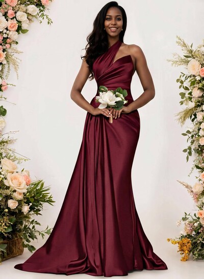 Sheath/Column One-Shoulder Silk Like Satin Bridesmaid Dresses With Ruffle