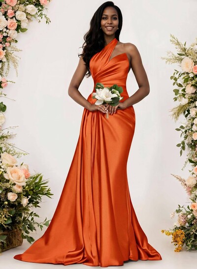 Sheath/Column One-Shoulder Silk Like Satin Bridesmaid Dresses With Ruffle