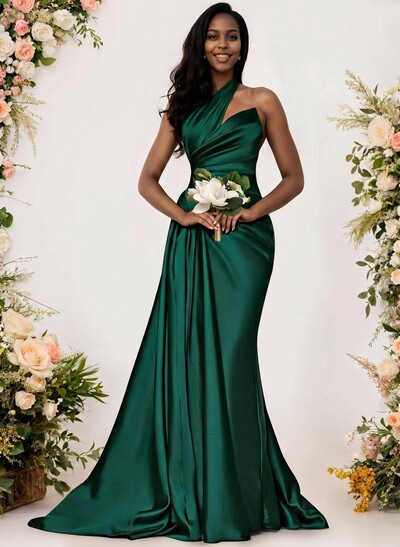 Sheath/Column One-Shoulder Silk Like Satin Bridesmaid Dresses With Ruffle