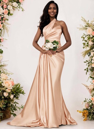 Sheath/Column One-Shoulder Silk Like Satin Bridesmaid Dresses With Ruffle