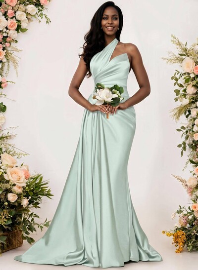 Sheath/Column One-Shoulder Silk Like Satin Bridesmaid Dresses With Ruffle